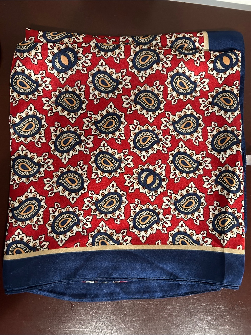 Red Floral Geometric Silk Scarf with Navy Border